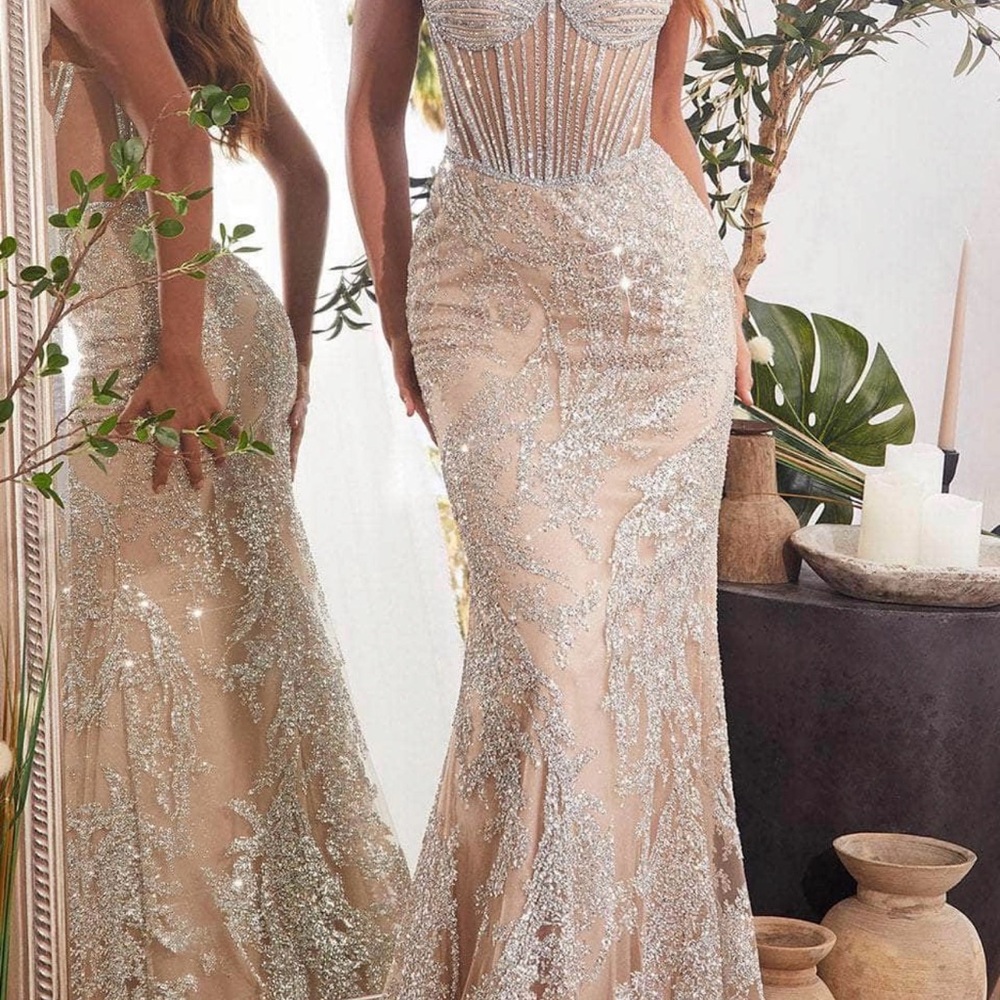 Nude Sequin Prom Dress with Silver Embellishment